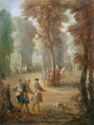Ludwig XV. (1710-74) und sein Bluthund in Puys, Entwurf für einen Wandteppich, 1738